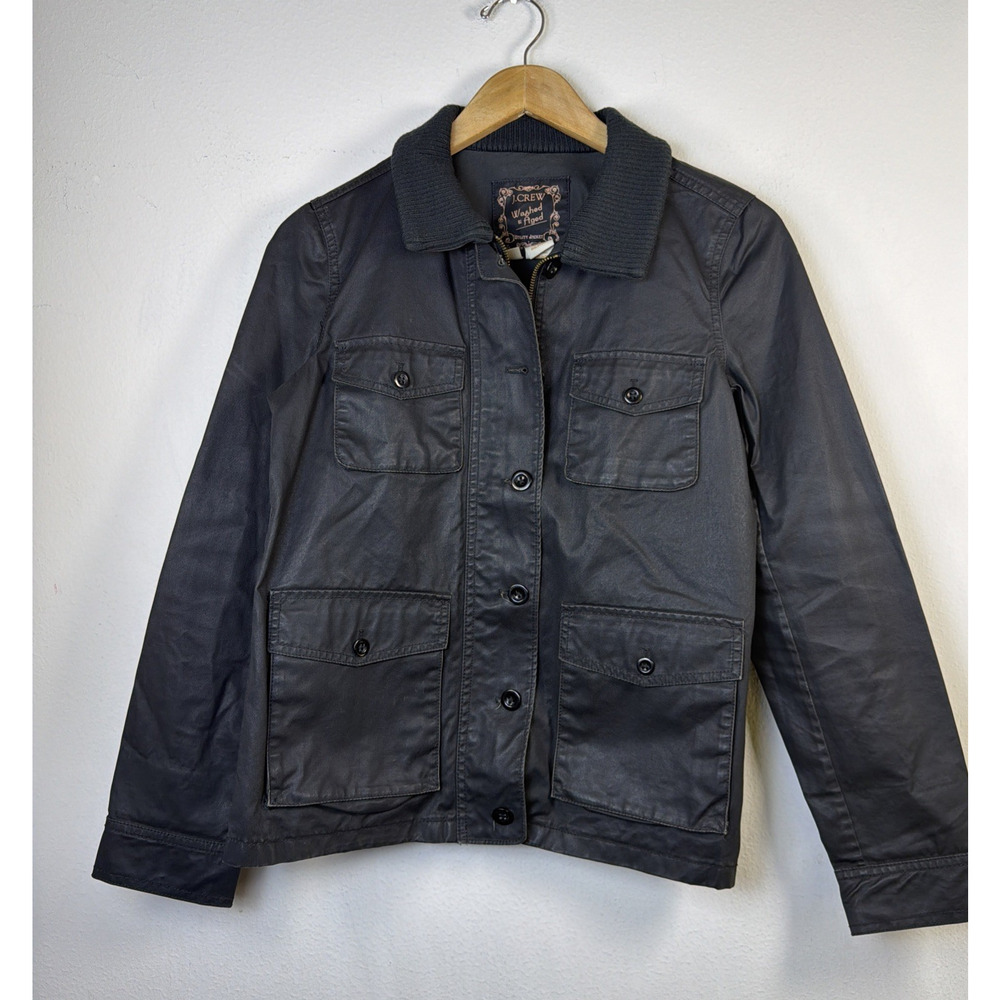 J. Crew Womens Utility Jacket Barbour Waxed Small Washed Aged Black urban rugged - Picture 2 of 14